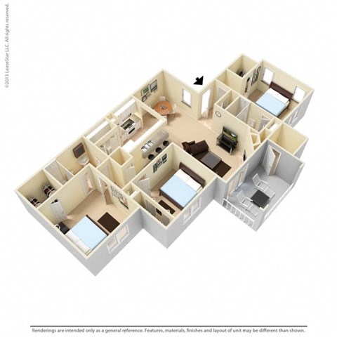 Floor plan for 3 beds, 2 baths, 1274 sqft